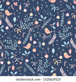 Holiday seamless vector pattern with leaves, flowers, snowflakes, stars and cute birds in gentle colors for Christmas designs, backgrounds and wrapping paper.