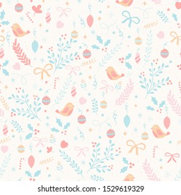 Holiday seamless vector pattern with leaves, flowers, snowflakes, stars and cute birds in gentle colors for Christmas designs, backgrounds and wrapping paper.