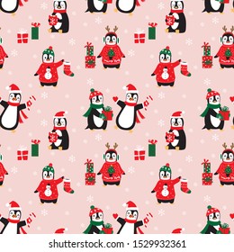 Holiday seamless vector pattern penguin christmas party 