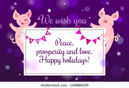 Holiday season best wishes card with pigs. Happy New Year 2019, funny cartoon piglet, character cute symbol on purple snowy background. Vector illustration for greeting party invitation, social media