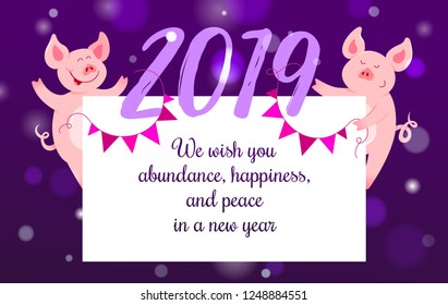 Holiday season best wishes card with pigs. Happy New Year 2019, funny cartoon piglet, character cute symbol on purple snowy background. Vector illustration for greeting party invitation, social media