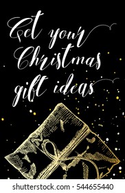 Holiday season and Christmas gold greeting card with calligraphy. Handwritten modern brush lettering. Hand drawn festive invitation design elements. Gold black and white.