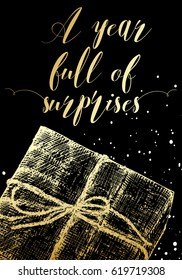 Holiday season and Christmas gold greeting card with calligraphy. Handwritten modern brush lettering. Hand drawn festive invitation design elements. Gold black and white.