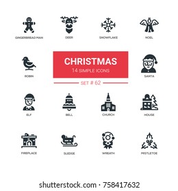 Holiday season, Christmas - line design icons set. Traditional symbols of New Year. Snowflake, noel, gingerbread man, deer, robin, santa, elf, bell, church, house, fireplace, sledge, wreath, mistletoe
