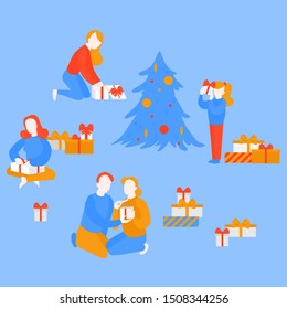  Holiday season. Christmas party. Girl open package, child unpacking present. Woman getting gift box from man. Cartoon couple celebrate New Year vector illustration 