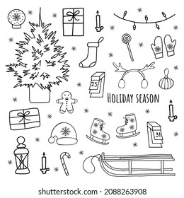 Holiday season elements set. Christmas tree and sleigh, mittens and Santa hat, candles and garland, flashlight and gifts, skates and ginger man. Black and white vector isolated illustration hand drawn