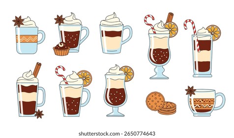 Holiday season hot chocolate and coffee drinks with festive decorations