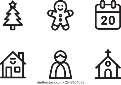 Holiday Season Icons Depicting Christmas Tree, Gingerbread Man, Calendar, House, Figure, and Church for Festive Designs