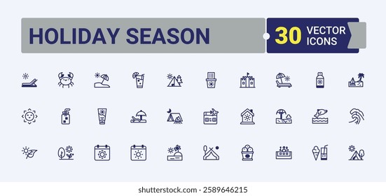 Holiday Season line icons set. Contains related to ice cream, ice, fish, star, sea, diving, flops and more. Collection for mobile and web apps. Signs for web, mobile app, packaging.