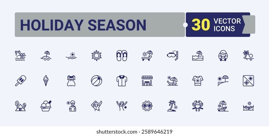 Holiday Season line icons set. Contains related to ice cream, ice, fish, star, sea, diving, flops and more. Collection for mobile and web apps. Signs for web, mobile app, packaging.