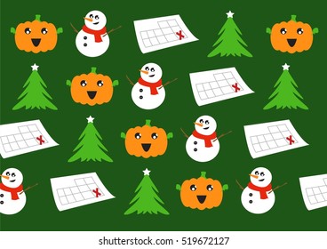 Holiday season pattern with a pumpkin smiling, a snowman smiling, a Christmas tree with a star and a calendar with a marked date
