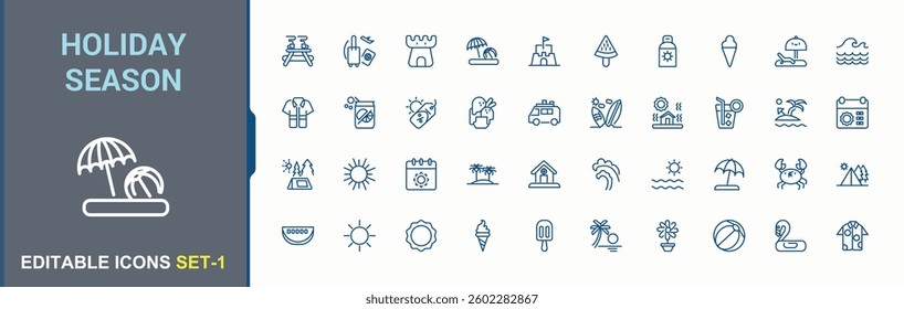 Holiday Season simple icon. Contain linear symbols swimsuit, travel, tour, relaxation, recreation and more. Summer icon collection. Minimalist vector collections. Vector illustration. Pixel perfect.