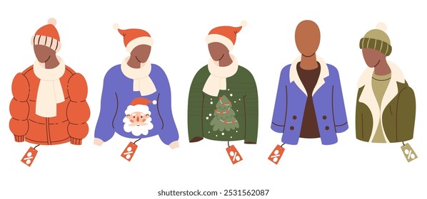 Holiday seasonal sale, shopping. New Year Mannequins in winter fashionable clothing, casual wear and Christmas ugly sweater with price tags. Isolated fashion items holiday gifts. Vector illustration