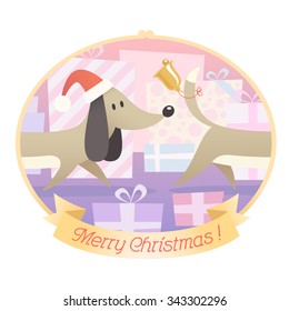 Holiday Series /  Christmas greeting featuring a cute little dog chasing his own tail with a bell on it / Vector illustration