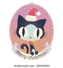 Holiday Series / Cute little kitten wearing a Santa hat and a bell with Christmas greeting / Vector illustration