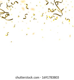 Holiday Serpentine. Gold Foil Streamers Ribbons. Confetti Star Falling on White Background. Party, Birthday Vector Template. Sparkle Serpentine. Celebration Elements. Bright Festive Tinsel Gold Color.