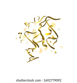 Holiday Serpentine. Gold Foil Streamers Ribbons. Confetti Star Falling on White Background. Party, Birthday Vector Template. Sparkle Serpentine. Celebration Elements. Bright Festive Tinsel Gold Color.