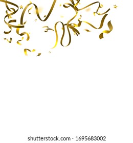 Holiday Serpentine. Gold Foil Streamers Ribbons. Confetti Star Falling on White Background. Party, Birthday Vector Template. Sparkle Serpentine. Celebration Elements. Bright Festive Tinsel Gold Color.