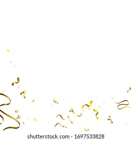 Holiday Serpentine. Gold Foil Streamers Ribbons. Confetti Star Falling on White Background. Party, Birthday Vector Template. Sparkle Serpentine. Celebration Elements. Bright Festive Tinsel Gold Color.