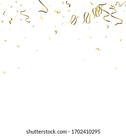Holiday Serpentine. Gold Foil Streamers Ribbons. Confetti Star Falling on White Background. Party, Birthday Vector Template. Sparkle Serpentine. Celebration Elements. Bright Festive Tinsel Gold Color.