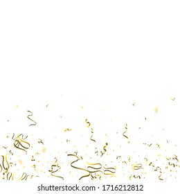 Holiday Serpentine. Gold Foil Streamers Ribbons. Confetti Star Falling on White Background. Party, Birthday Vector Template. Sparkle Serpentine. Celebration Elements. Bright Festive Tinsel Gold Color.