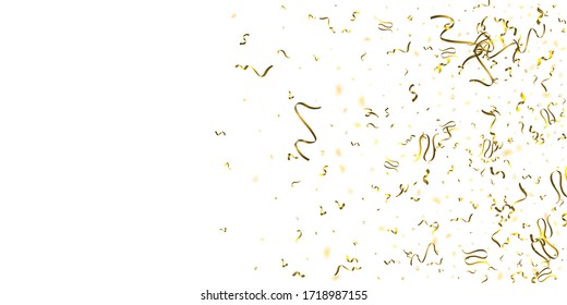 Holiday Serpentine. Gold Foil Streamers Ribbons. Confetti Star Falling on White Background. Party, Birthday Vector Template. Sparkle Serpentine. Celebration Elements. Bright Festive Tinsel Gold Color.