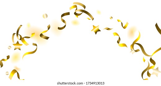 Holiday Serpentine. Gold Foil Streamers Ribbons. Confetti Star Falling on White Background. Party, Birthday Vector Template. Sparkle Serpentine. Celebration Elements. Bright Festive Tinsel Gold Color.
