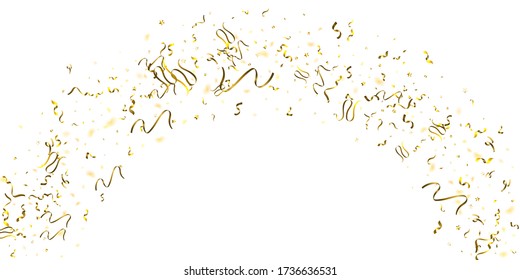 Holiday Serpentine. Gold Foil Streamers Ribbons. Confetti Star Falling on White Background. Party, Birthday Vector Template. Sparkle Serpentine. Celebration Elements. Bright Festive Tinsel Gold Color.