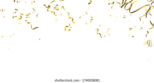Holiday Serpentine. Gold Foil Streamers Ribbons. Confetti Star Falling on White Background. Party, Birthday Vector Template. Sparkle Serpentine. Celebration Elements. Bright Festive Tinsel Gold Color.