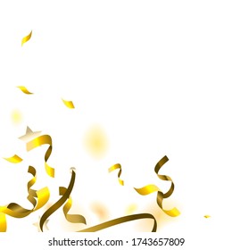 Holiday Serpentine. Gold Foil Streamers Ribbons. Confetti Star Falling on White Background. Party, Birthday Vector Template. Sparkle Serpentine. Celebration Elements. Bright Festive Tinsel Gold Color.