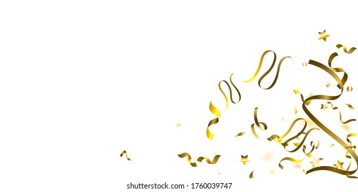 Holiday Serpentine. Gold Foil Streamers Ribbons. Confetti Star Falling on White Background. Party, Birthday Vector Template. Sparkle Serpentine. Celebration Elements. Bright Festive Tinsel Gold Color.