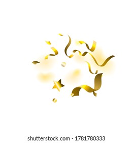 Holiday Serpentine. Gold Foil Streamers Ribbons. Confetti Star Falling on White Background. Party, Birthday Vector Template. Sparkle Serpentine. Celebration Elements. Bright Festive Tinsel Gold Color.