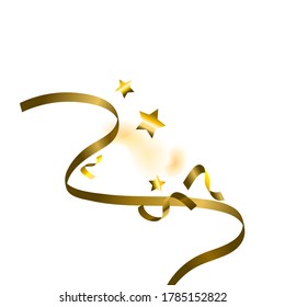 Holiday Serpentine. Gold Foil Streamers Ribbons. Confetti Star Falling on White Background. Party, Birthday Vector Template. Sparkle Serpentine. Celebration Elements. Bright Festive Tinsel Gold Color.