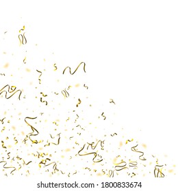 Holiday Serpentine. Gold Foil Streamers Ribbons. Confetti Star Falling on White Background. Party, Birthday Vector Template. Sparkle Serpentine. Celebration Elements. Bright Festive Tinsel Gold Color.