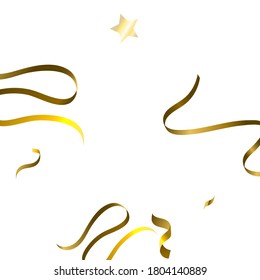 Holiday Serpentine. Gold Foil Streamers Ribbons. Confetti Star Falling on White Background. Party, Birthday Vector Template. Sparkle Serpentine. Celebration Elements. Bright Festive Tinsel Gold Color.