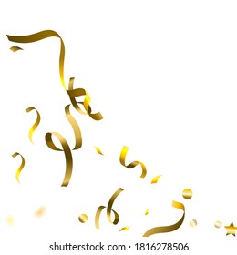 Holiday Serpentine. Gold Foil Streamers Ribbons. Confetti Star Falling on White Background. Party, Birthday Vector Template. Sparkle Serpentine. Celebration Elements. Bright Festive Tinsel Gold Color.
