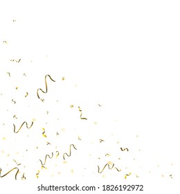 Holiday Serpentine. Gold Foil Streamers Ribbons. Confetti Star Falling on White Background. Party, Birthday Vector Template. Sparkle Serpentine. Celebration Elements. Bright Festive Tinsel Gold Color.