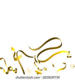 Holiday Serpentine. Gold Foil Streamers Ribbons. Confetti Star Falling on White Background. Party, Birthday Vector Template. Sparkle Serpentine. Celebration Elements. Bright Festive Tinsel Gold Color.