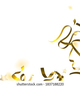 Holiday Serpentine. Gold Foil Streamers Ribbons. Confetti Star Falling on White Background. Party, Birthday Vector Template. Sparkle Serpentine. Celebration Elements. Bright Festive Tinsel Gold Color.