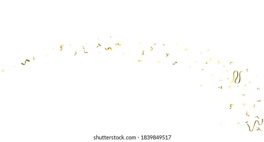 Holiday Serpentine. Gold Foil Streamers Ribbons. Confetti Star Falling on White Background. Party, Birthday Vector Template. Sparkle Serpentine. Celebration Elements. Bright Festive Tinsel Gold Color.