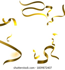 Holiday Serpentine. Gold Foil Streamers Ribbons. Confetti Star Falling on White Background. Party, Birthday Vector Template. Sparkle Serpentine. Celebration Elements. Bright Festive Tinsel Gold Color.