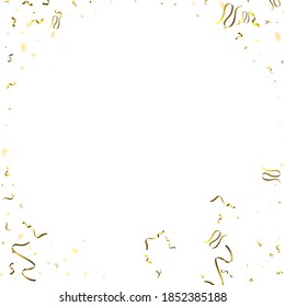 Holiday Serpentine. Gold Foil Streamers Ribbons. Confetti Star Falling on White Background. Party, Birthday Vector Template. Sparkle Serpentine. Celebration Elements. Bright Festive Tinsel Gold Color.