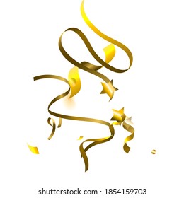 Holiday Serpentine. Gold Foil Streamers Ribbons. Confetti Star Falling on White Background. Party, Birthday Vector Template. Sparkle Serpentine. Celebration Elements. Bright Festive Tinsel Gold Color.