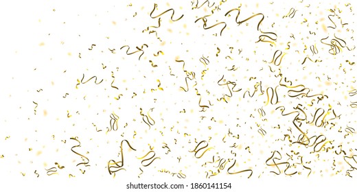 Holiday Serpentine. Gold Foil Streamers Ribbons. Confetti Star Falling on White Background. Party, Birthday Vector Template. Sparkle Serpentine. Celebration Elements. Bright Festive Tinsel Gold Color.