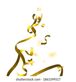 Holiday Serpentine. Gold Foil Streamers Ribbons. Confetti Star Falling on White Background. Party, Birthday Vector Template. Sparkle Serpentine. Celebration Elements. Bright Festive Tinsel Gold Color.