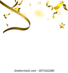 Holiday Serpentine. Gold Foil Streamers Ribbons. Confetti Star Falling on White Background. Party, Birthday Vector Template. Sparkle Serpentine. Celebration Elements. Bright Festive Tinsel Gold Color.