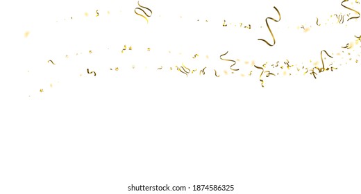 Holiday Serpentine. Gold Foil Streamers Ribbons. Confetti Star Falling on White Background. Party, Birthday Vector Template. Sparkle Serpentine. Celebration Elements. Bright Festive Tinsel Gold Color.