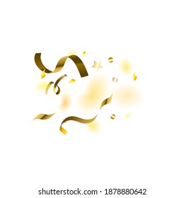 Holiday Serpentine. Gold Foil Streamers Ribbons. Confetti Star Falling on White Background. Party, Birthday Vector Template. Sparkle Serpentine. Celebration Elements. Bright Festive Tinsel Gold Color.