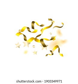 Holiday Serpentine. Gold Foil Streamers Ribbons. Confetti Star Falling on White Background. Party, Birthday Vector Template. Sparkle Serpentine. Celebration Elements. Bright Festive Tinsel Gold Color.