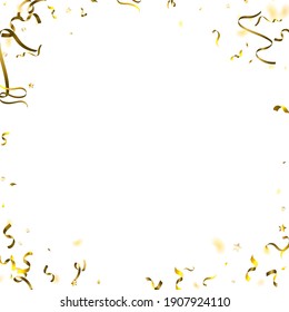 Holiday Serpentine. Gold Foil Streamers Ribbons. Confetti Star Falling on White Background. Party, Birthday Vector Template. Sparkle Serpentine. Celebration Elements. Bright Festive Tinsel Gold Color.